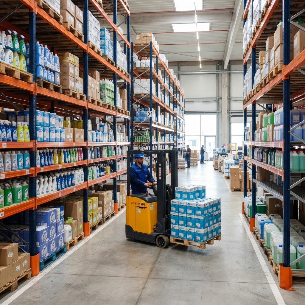 Warehouse stocked with cleaning product supplies